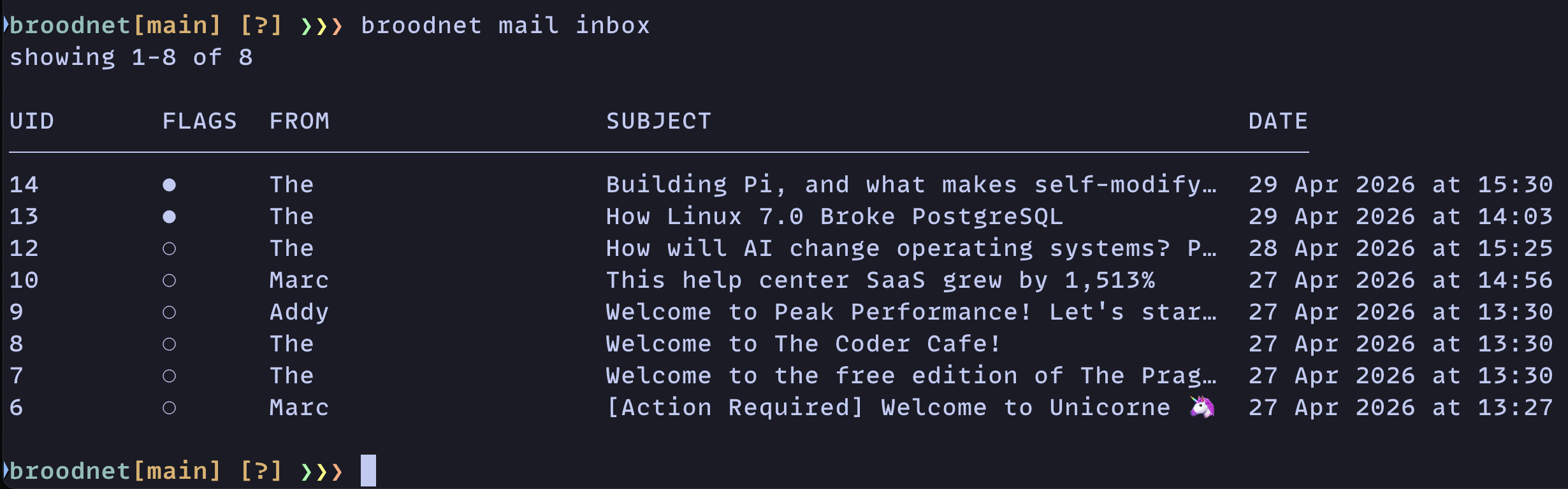 Mailbox CLI with open emails on a terminal.