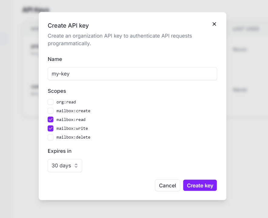 The API key creation form with a name field, scope checkboxes, and expiration selector.