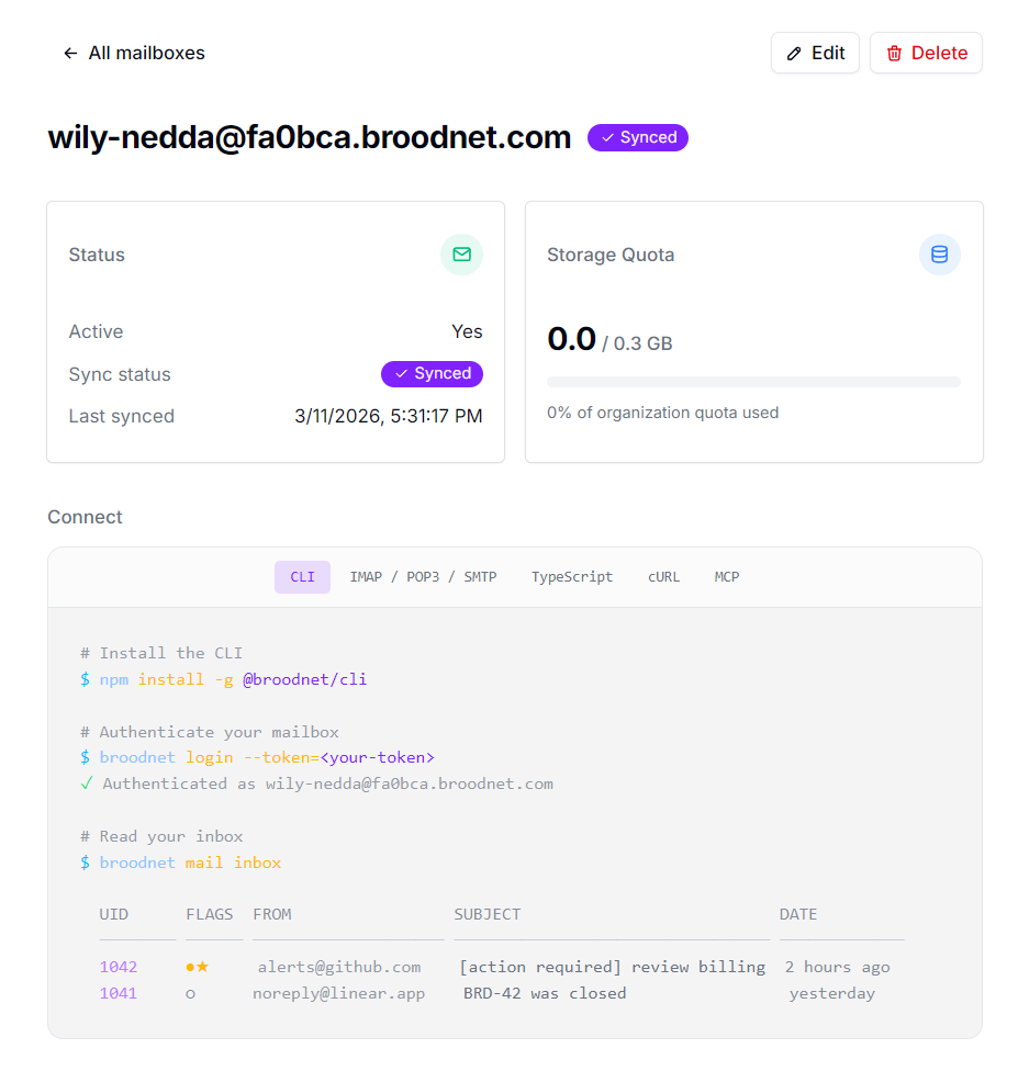 Mailbox detail page showing the address, active and synced status, storage quota, and a Connect section with tabs for CLI, IMAP/POP3/SMTP, TypeScript, cURL, and MCP.