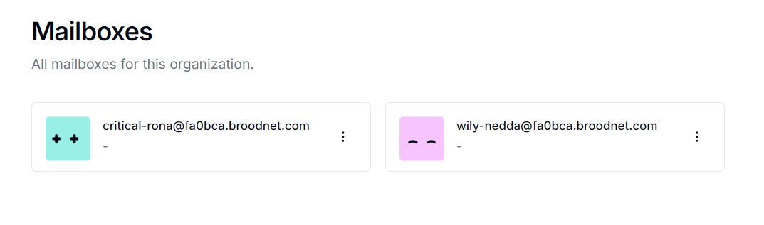 The mailboxes list showing two provisioned mailboxes with their addresses and avatar icons.