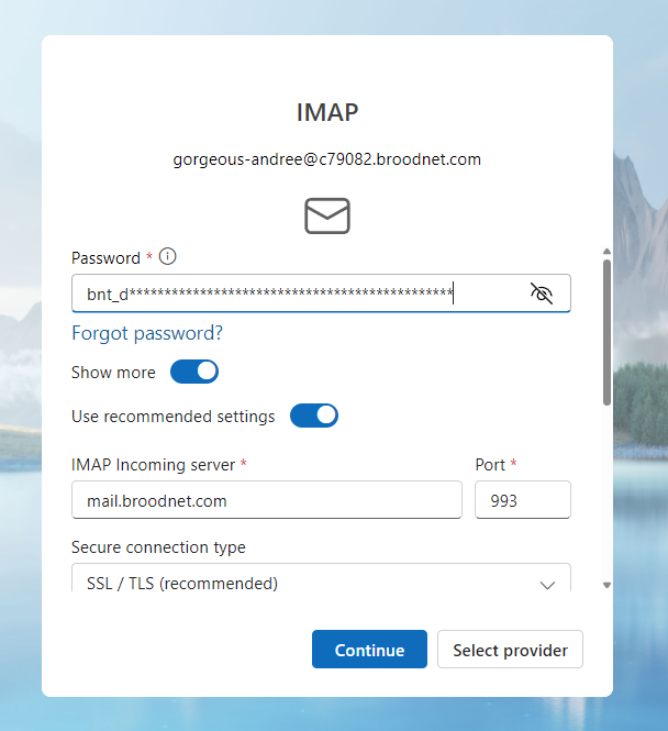 IMAP setup in an email client showing the mailbox address, the mailbox token as the password, mail.broodnet.com as the incoming server, port 993, and SSL/TLS.